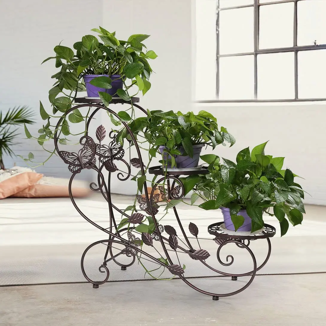 3 Tier Metal Garden Display Stand For Indoor And Outdoor With 3 Plant Pots For Courtyard Living Room Corner Balcony And Bedroom