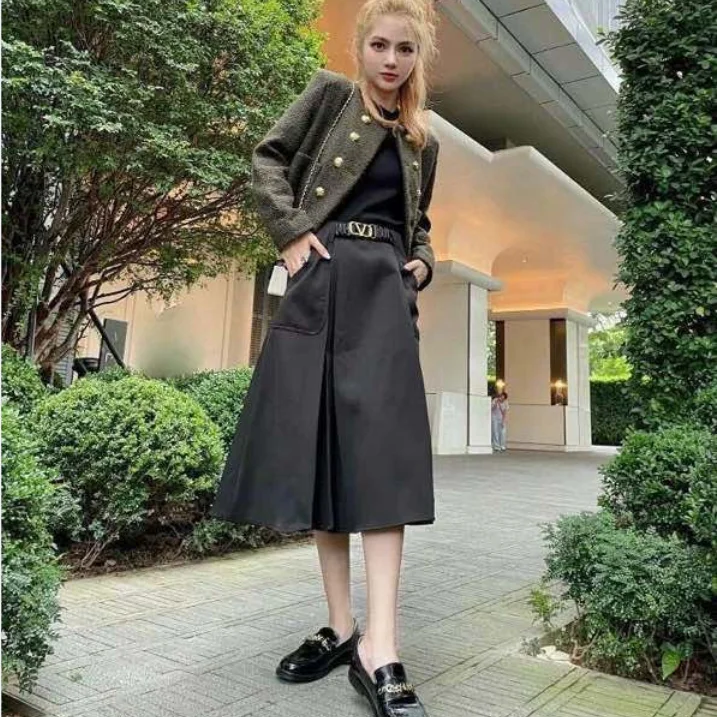 Original big V metal belt mid-length korean skirt womens midi skirts