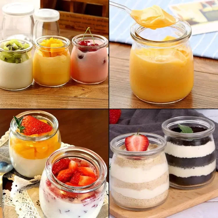 Empty circular wide mouth mini yogurt can wholesale food glass pudding bottles with cork caps