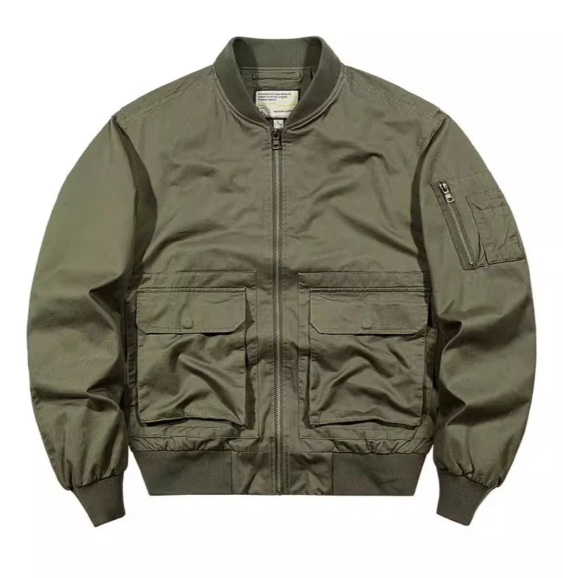 Custom Logo Baseball Collar Breathable Vintage Bomber Jacket Men With Multiple Pockets