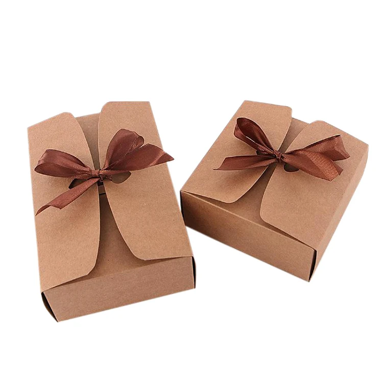 Fancy Paper Chocolate Gift Kraft Paper Brownie Packaging Box With Ribbon Tie