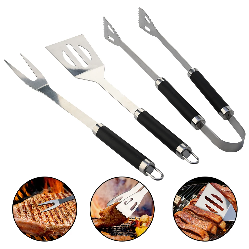 Churrasco Kit Barbecue Grill Utensil Tools Stainless Steel Spatula Fork Tongs 3Pcs BBQ Tool Set With Insulated Wooden Handle