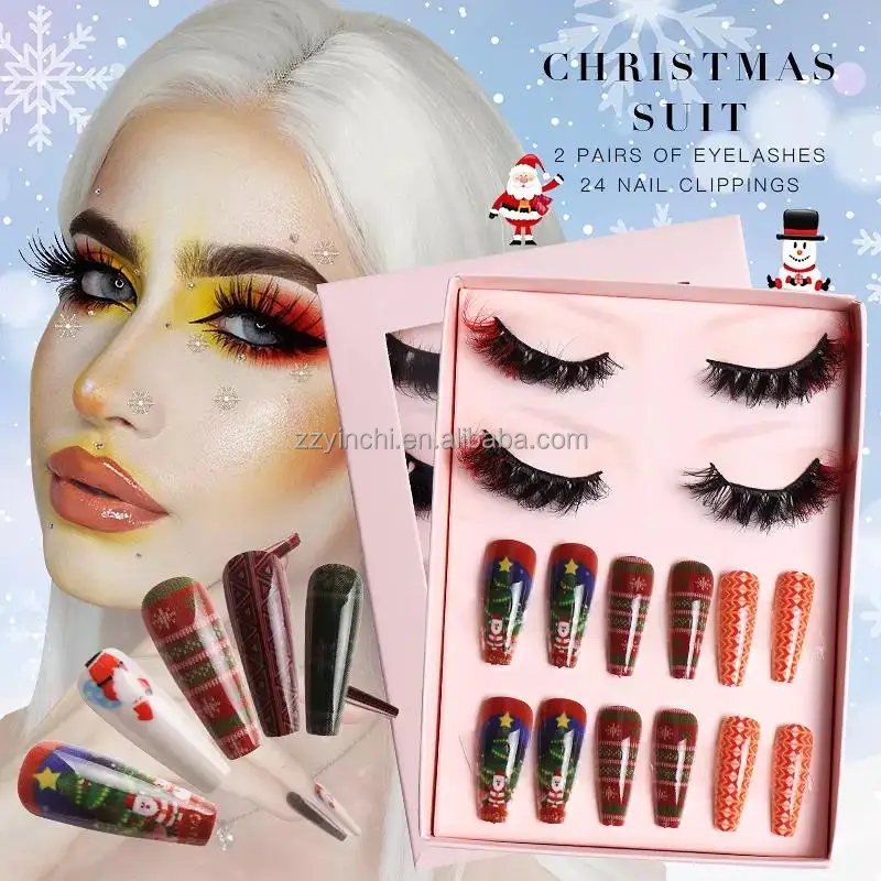 Christmas Gift Eyelash luxury Faux Mink Lashes and False Press On Nails Mink Fake Eyelash Nails Set