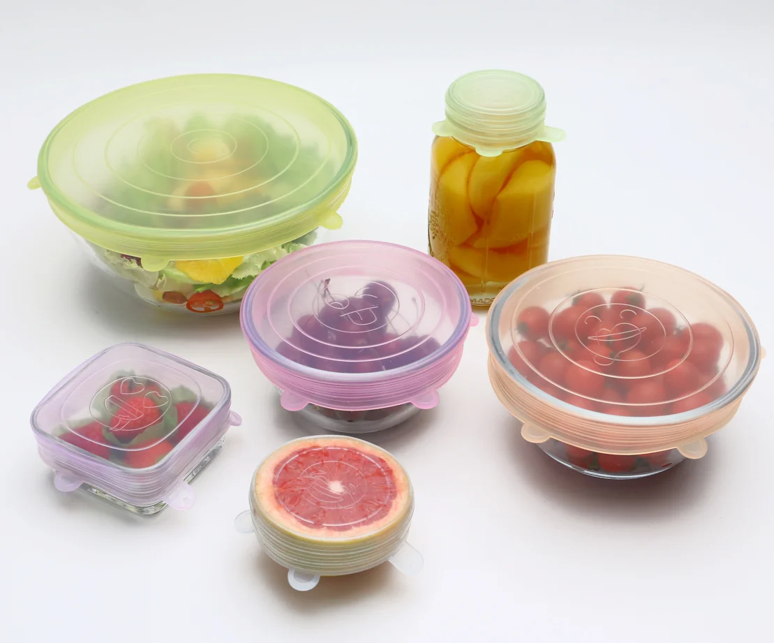 Small Kitchen Gadgets Food Grade 6 Pack Bpa Free Reusable Silicone Super Stretch Lid Set of 6 Silicone Stretch Lids