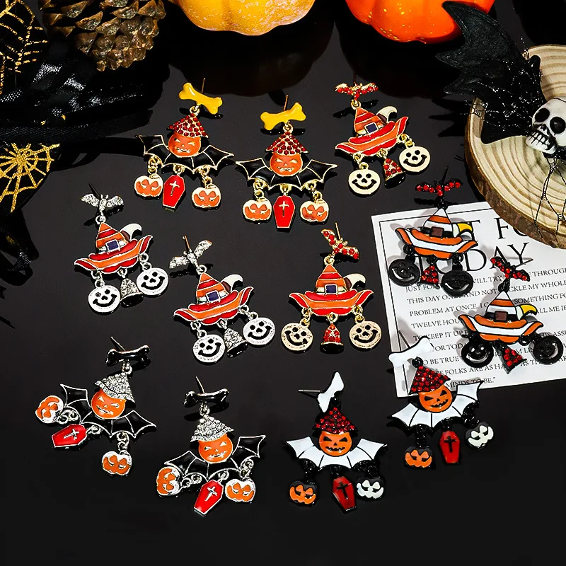 Best Selling Halloween Novelty Personalized Funny Cartoon Oil Drop Enamel Gold Plated Pumpkin Ghost Bat Earrings Wholesale