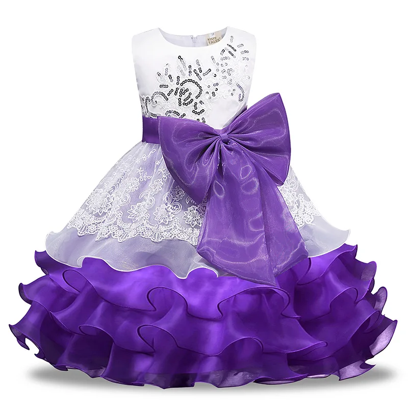 Summer bow sequin embroidered baby girl birthday dresses sleeveless satin lace back zipper little girl wedding dress