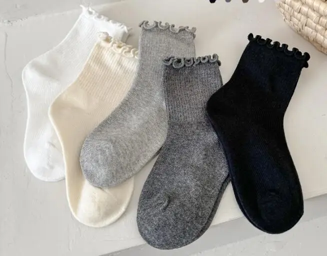 Hot-selling Fashion Sweet Plain Black White Grey Custom Cotton Crew Kids Socks Wholesale