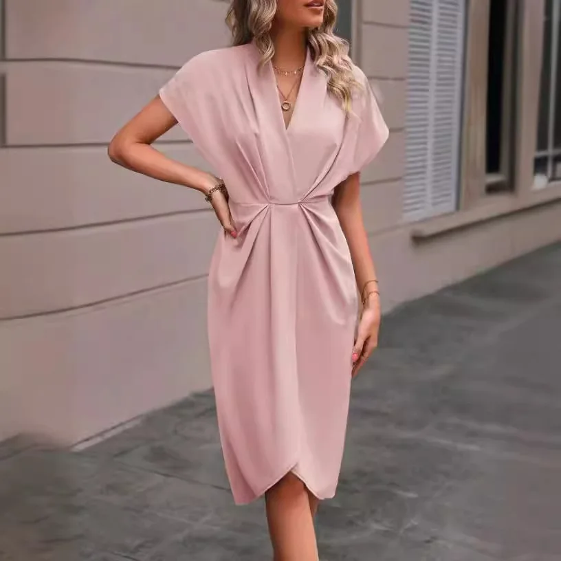 2024 Vintage Solid Color Chiffon Dress Women New Cross-Border Fashion Essential Summer Spring Front Designed Europe United
