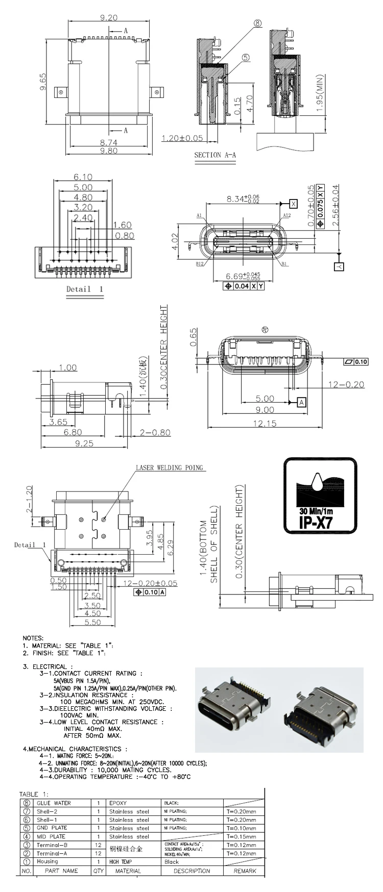Mid Mount Hybrid IP67 Type C  24Pin Waterproof Female USB Receptacle Connector DIP+SMT PCB Connector China Supplier