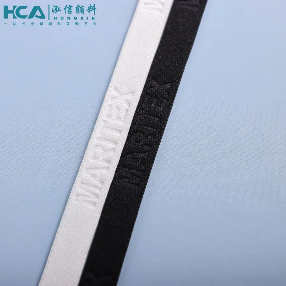 1cm High Quality Black White debossed Logo T shirt Hoodie Neck Elastic Tape for Garment