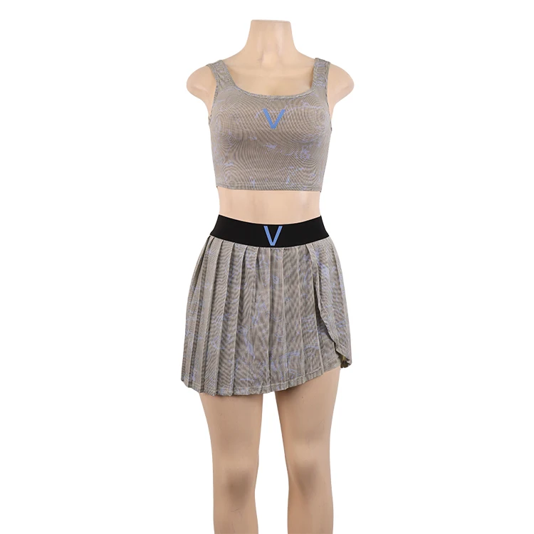 Wholesale Custom Women Sexy Sport 2  Piece Set Sleeveless Crop Top And Tennis Mini Skirts