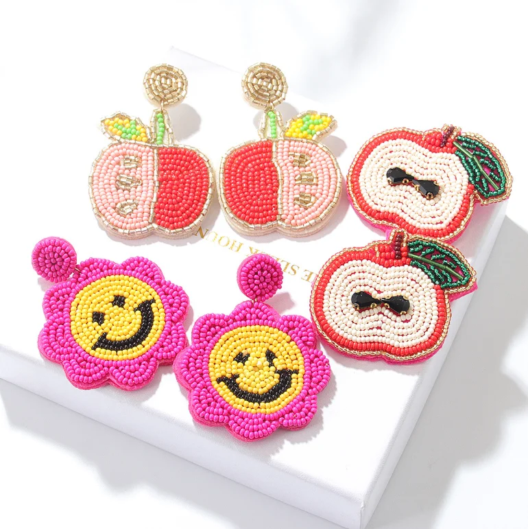 Hot bohemian ethnic seed bead dangle earrings for women handmade smiley apple beaded statement jewelry earrings