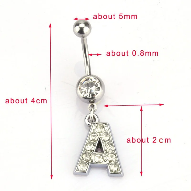 Stainless Steel Sexy Body Piercing Jewelry Ombligo Belly Button Rings Shiny Rhinestones A-Z 26 Letters Navel Piercing Ring