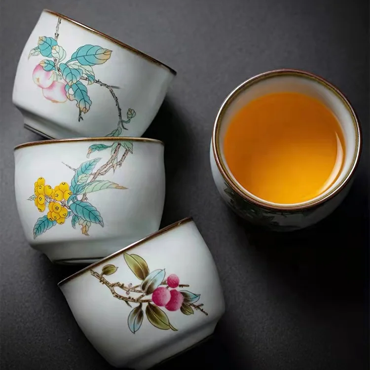 Handcrafted Fruit Pattern Ceramic Pottery Porcelain Cups Traditional Hand Painted Cordial Glasses 100ml Coffee Espresso Tea Cup