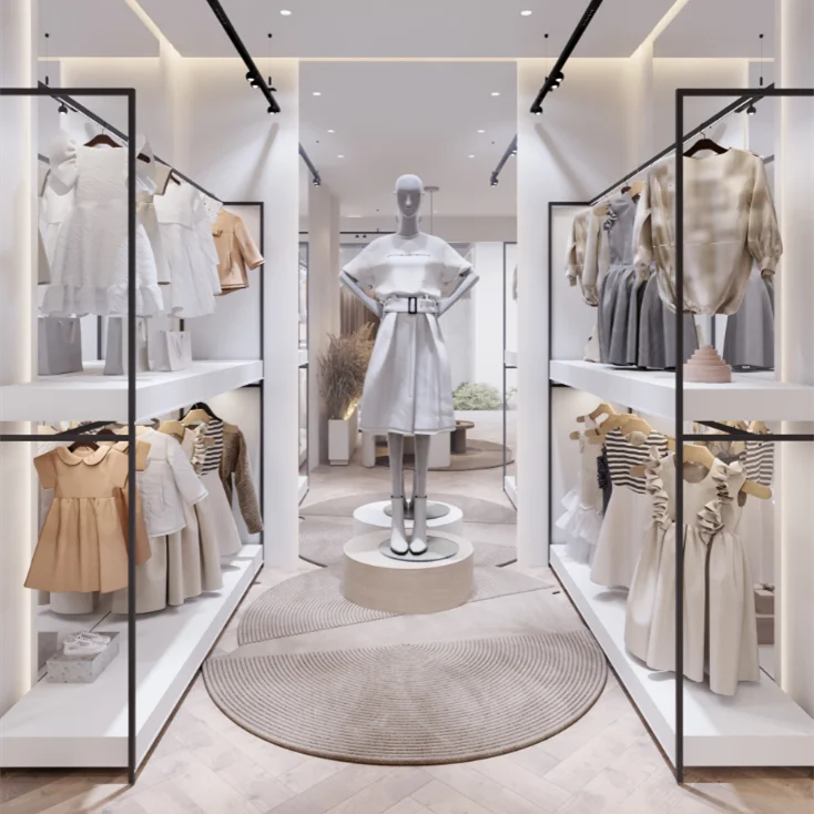 European minimalism clothing store interior decoration accessories design custom double stainless steel clothing display shelves