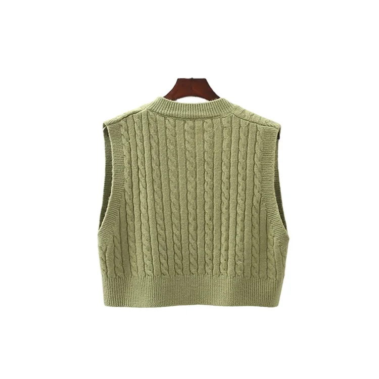 VIgour High quality vintage v neck cable knitted high waist short sweater vest women