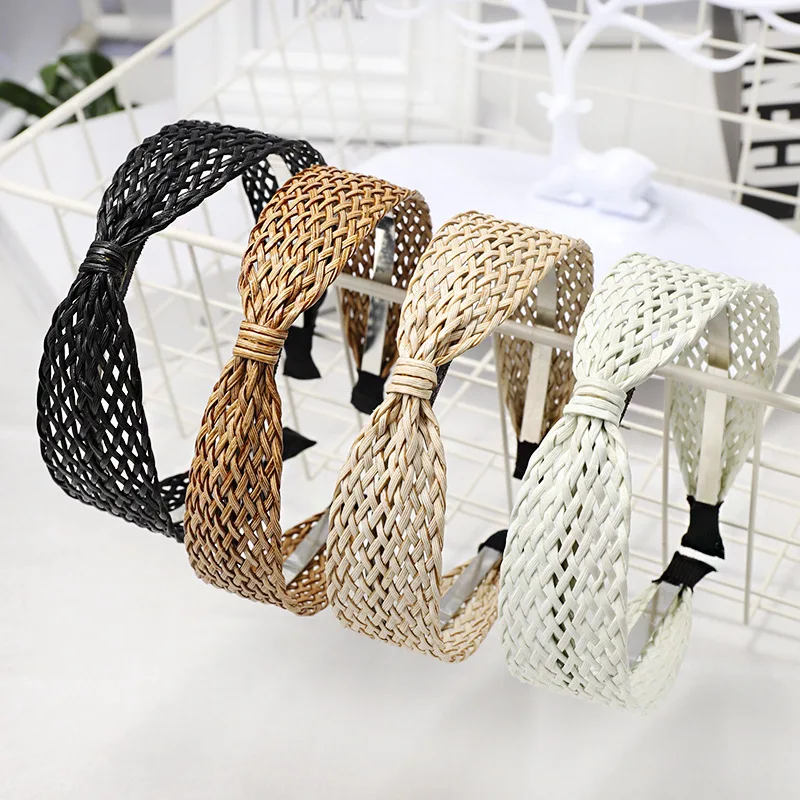 Natural Raffia Straw Handmade Bow Knot Headband Boho Braided Weaving Hairband Girls Hair Accessories Vacation Style Hair Bands
