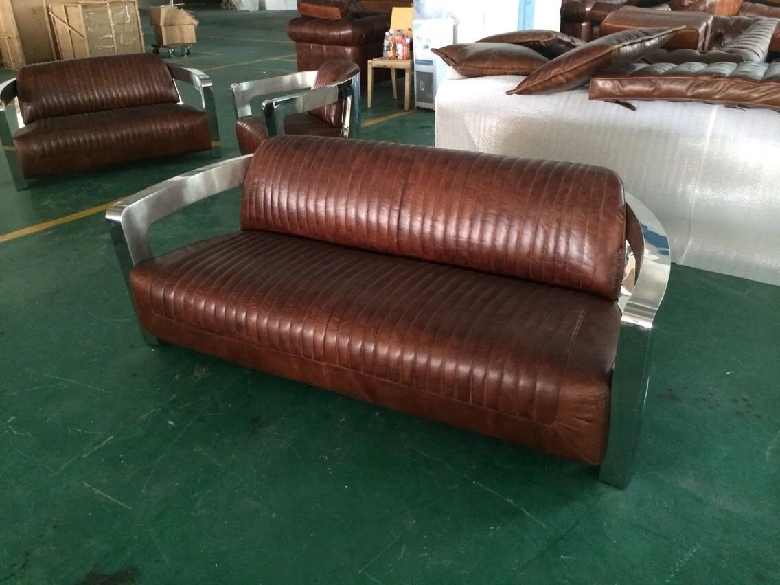 aviation furniture UK hotel sofa set designs with price vintage distressed leather sofa stainless steel arm leather club sofa
