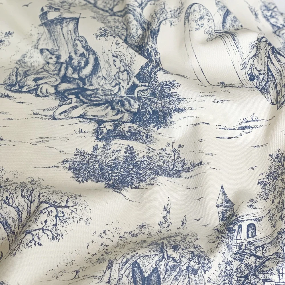 Blue ink france intricate pastoral historical scenes toile de jouy fabric for tablecloth