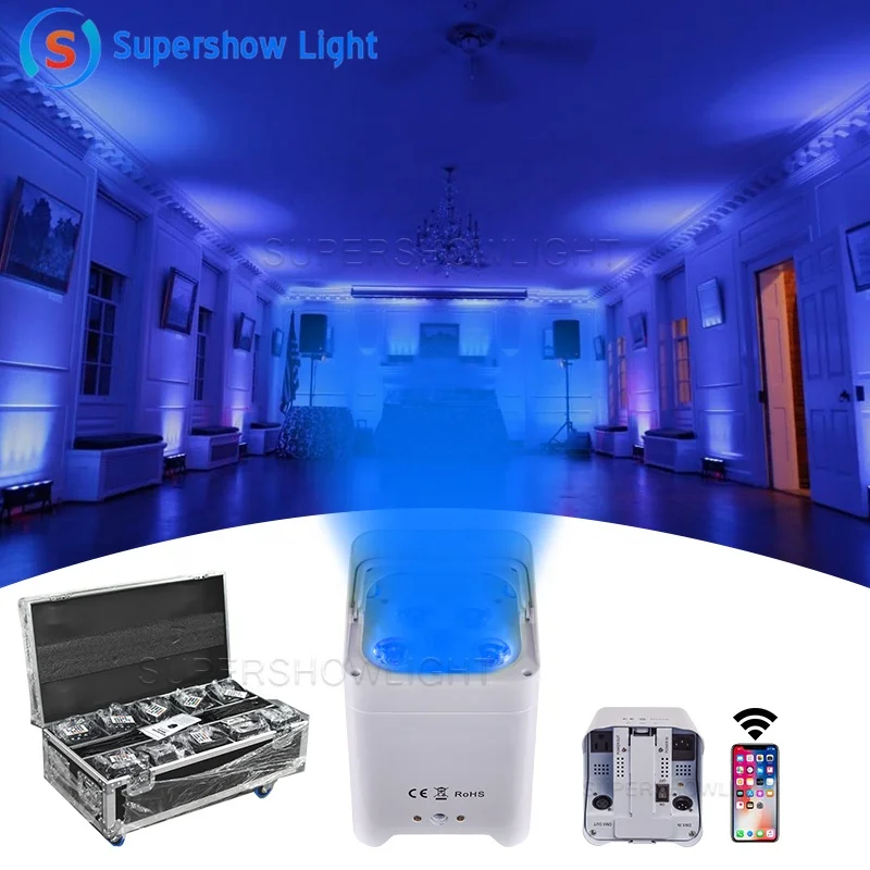 Supershow 6x18w battery powered wireless led par can uplight stage lights with charging case for wedding party