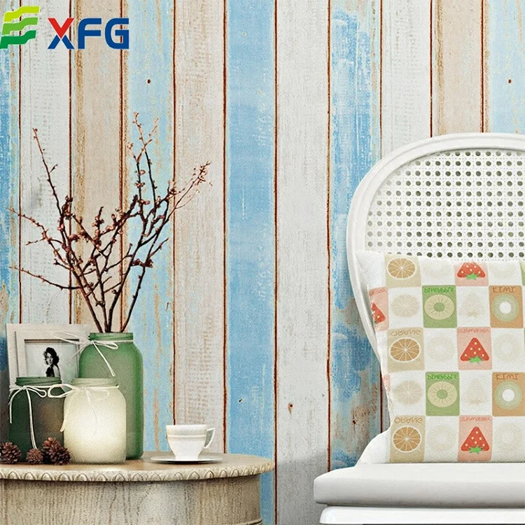 Peel and stick pink blue Korean wallpap design pvc wood stripe wallpaper rolls for home decoration wall sticker