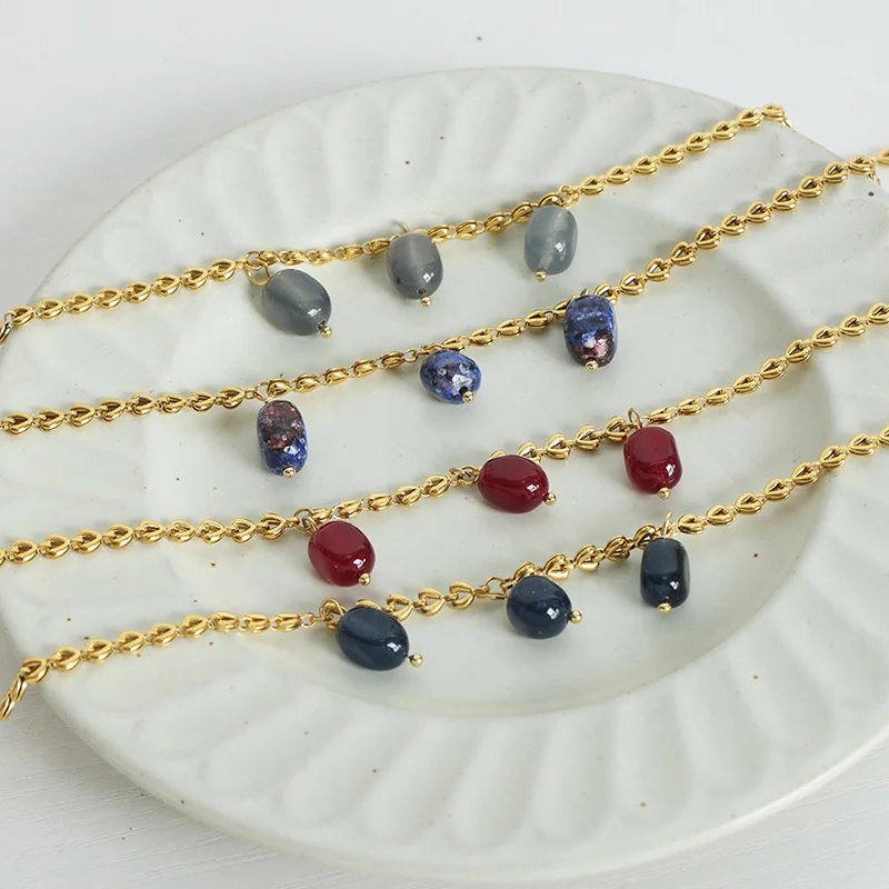 Colorful Turquoise Black Yellow Green Red Bead Dot Agate Necklace Stainless Steel Dot Beaded Agate Fashion Strand Necklace