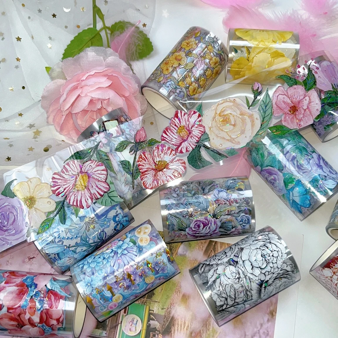 Donghong customized designs beautiful holographic foil flower PETwashi tape set for planner