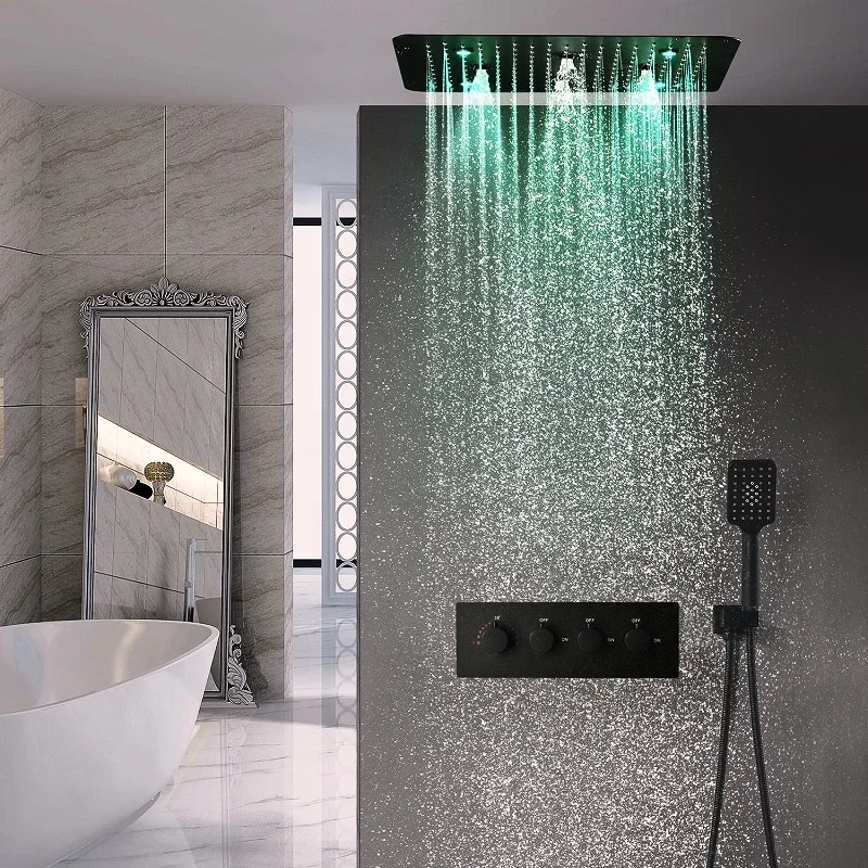 Thermostatic 20 inch Matte Black Shower Set Stainless Steel Bathroom Ceiling Lights Rain Mist Spray Led Shower Faucet