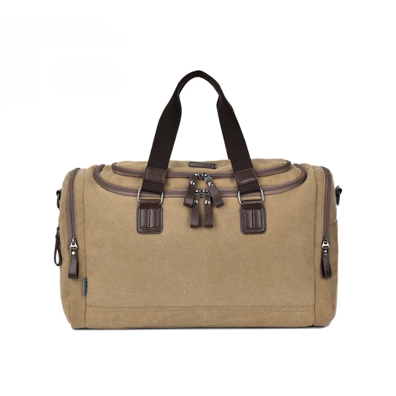 New Travelling Hand Luggage PU Leather Cotton Canvas Men Weekender Travel Bags Large Capacity Khaki Tote Storage Bag