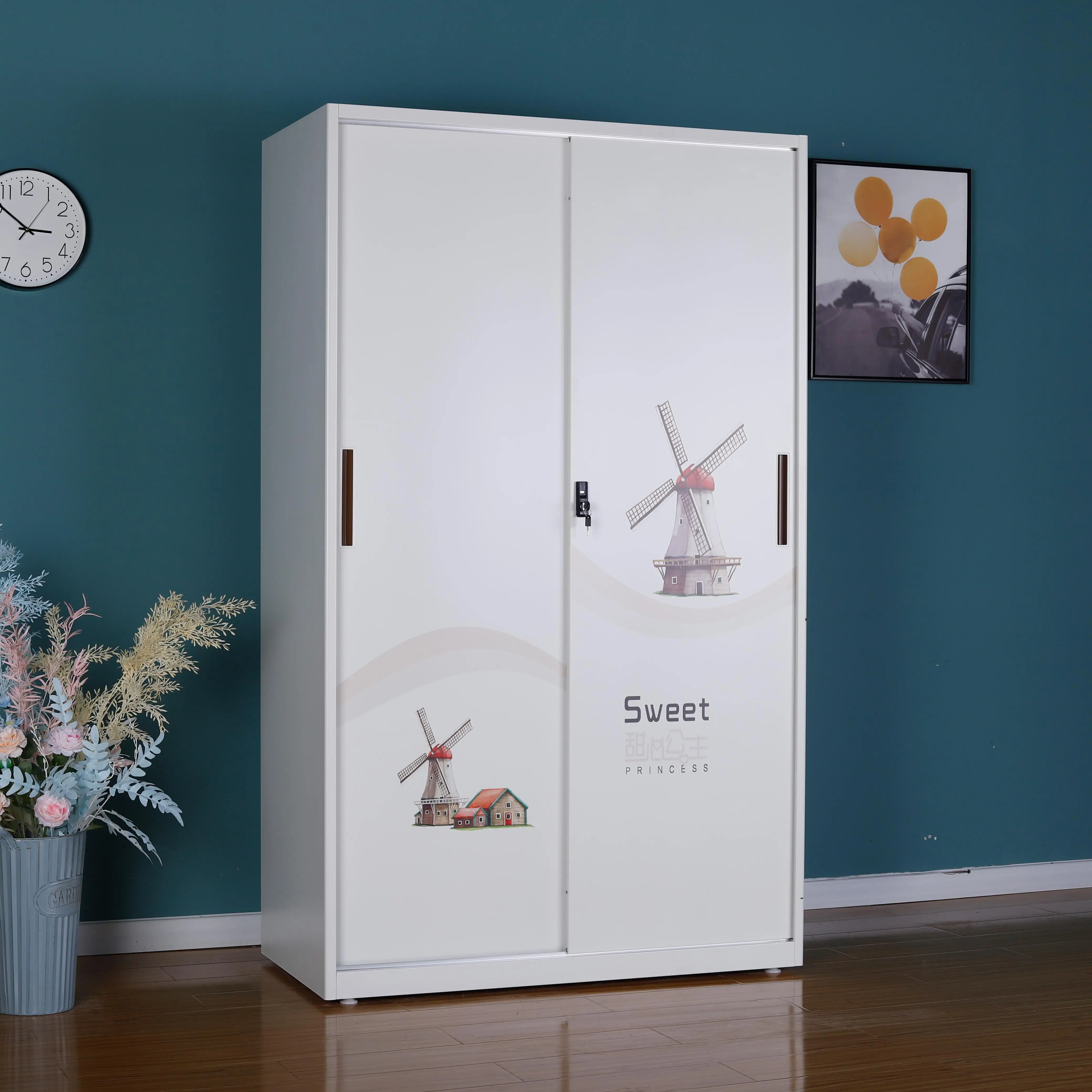 Home Sliding Metal Furniture Bedroom Cheap Lemari Pakaian Closet Cabinet Children Kids Pattern Cloth Baby Wardrobe for Child