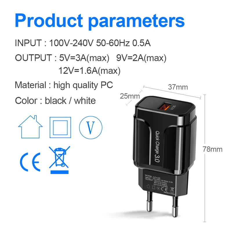 Hot Selling US EU18W Quick USB QC 3.0 Wall Charger Mobile Fast Charger Travel Adapter for iphone Xiaomi Samsung Huawei