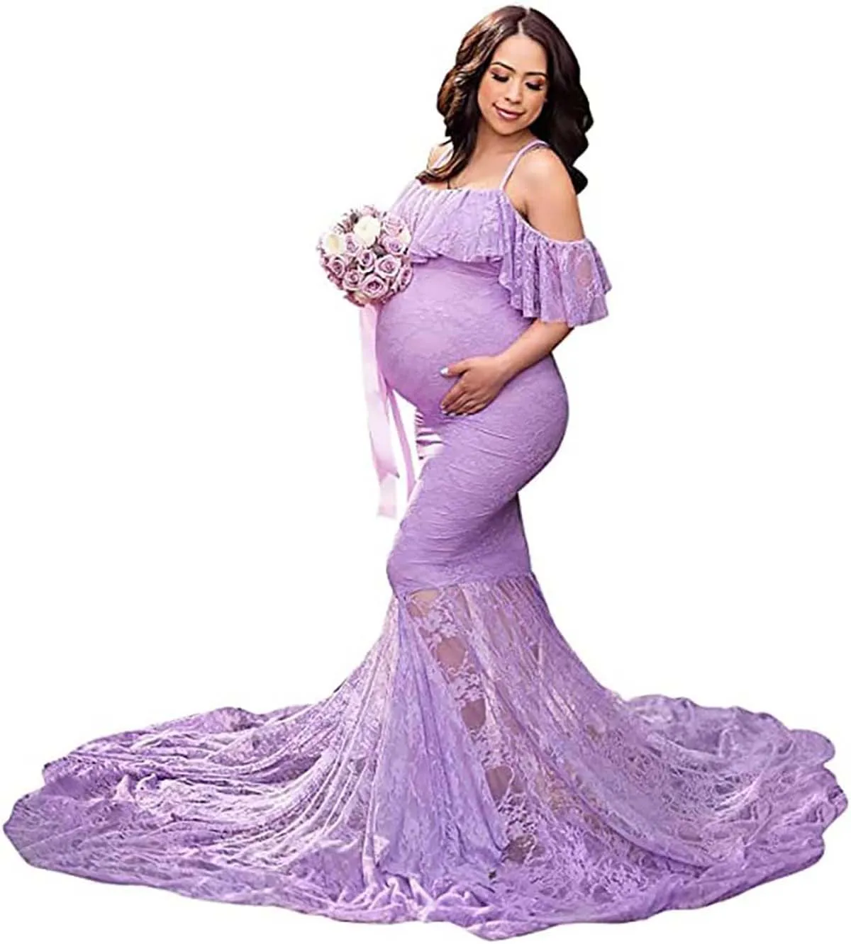 Womens Ruffle Lace Off Shoulder Maternity Dress for Photography Shower  DGPD-011