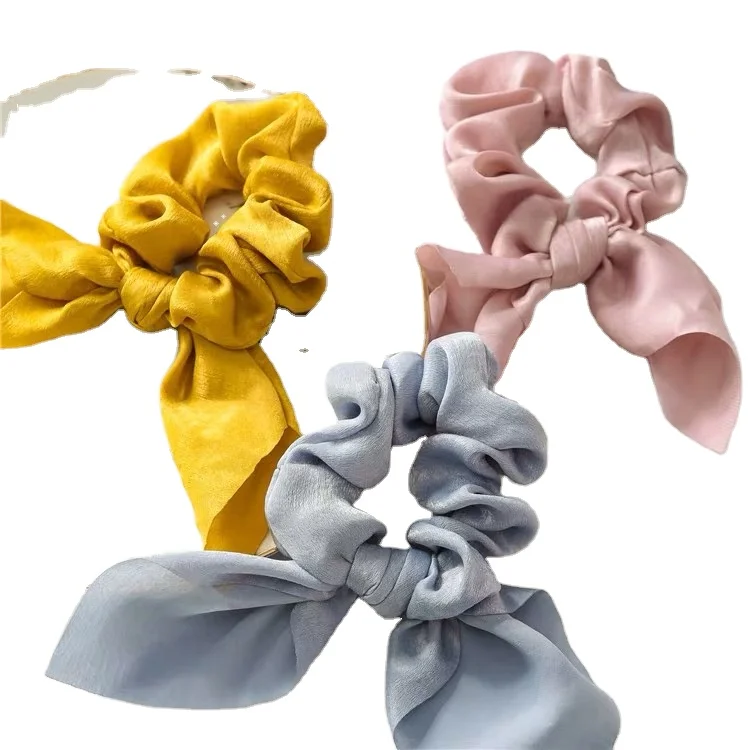 Cute Rabbit Ear Hair Ties silk Bow Scrunchies Solid Color for girls
