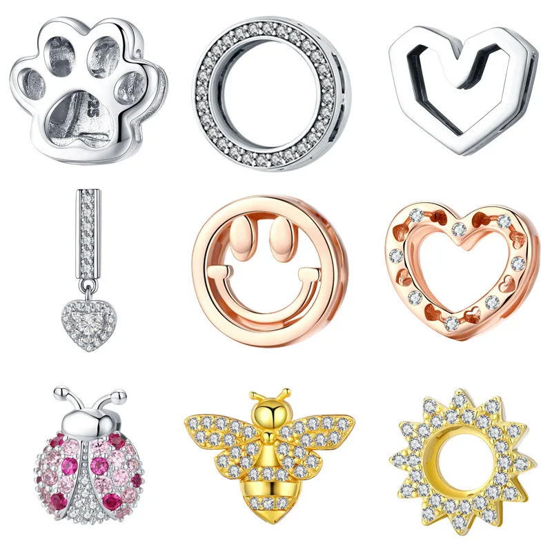 Jilina Original DIY Beaded Bracelet S925 Sterling Silver Smiley Bee Ladybug Loose Bead Gold Plated Accessory for Gift