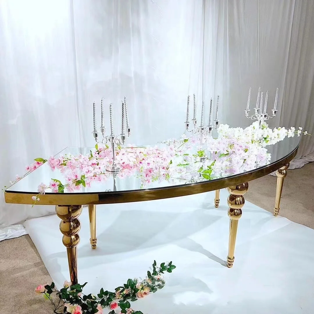 Factory Price Diamond Crush Furniture Glass Mirrored Clear Gold Wedding half moon Serpentine table