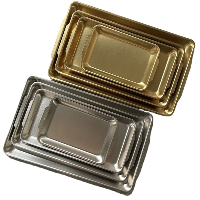Wholesale Custom Logo Korean Square Gold Silver Stainless Steel Barbecue Plate Stainless Steel Tray Korean Sushi Dishes & Plates
