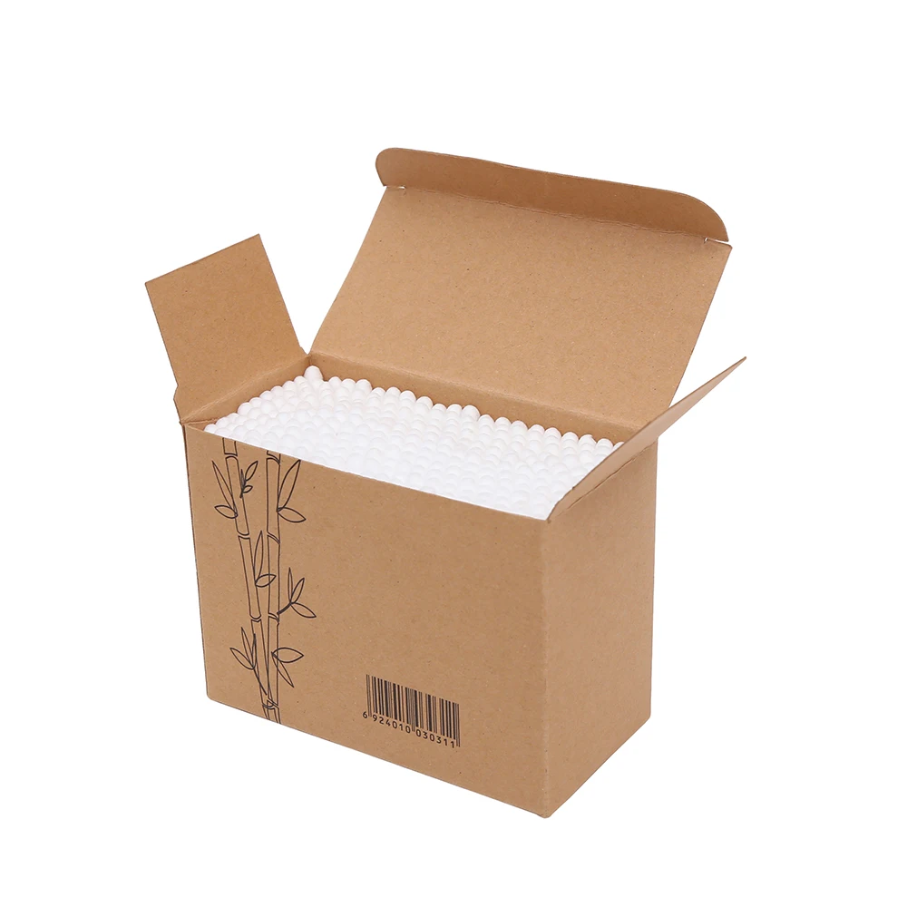 Professional made eco-friendly 100% cotton buds kraft paper box bamboo stick cotton swabs