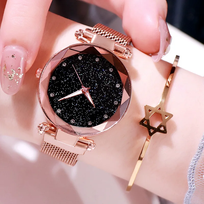 
New Fashion Women Luxury Stainless Steel Mesh Belt Ladies Starry Sky Magnet alloy Ladies Wrist Watch 