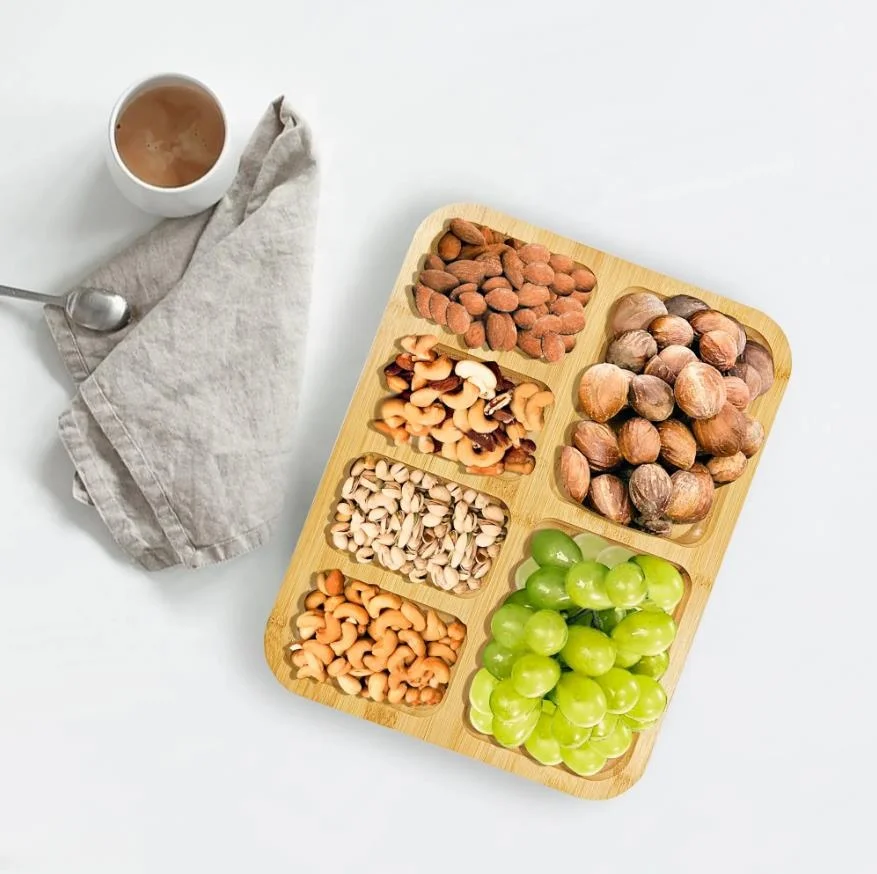 Customized Fruit Snacks Tray 6 Serving Plate with Dividers Wood Bamboo Portion Plates Food Cheese Platter