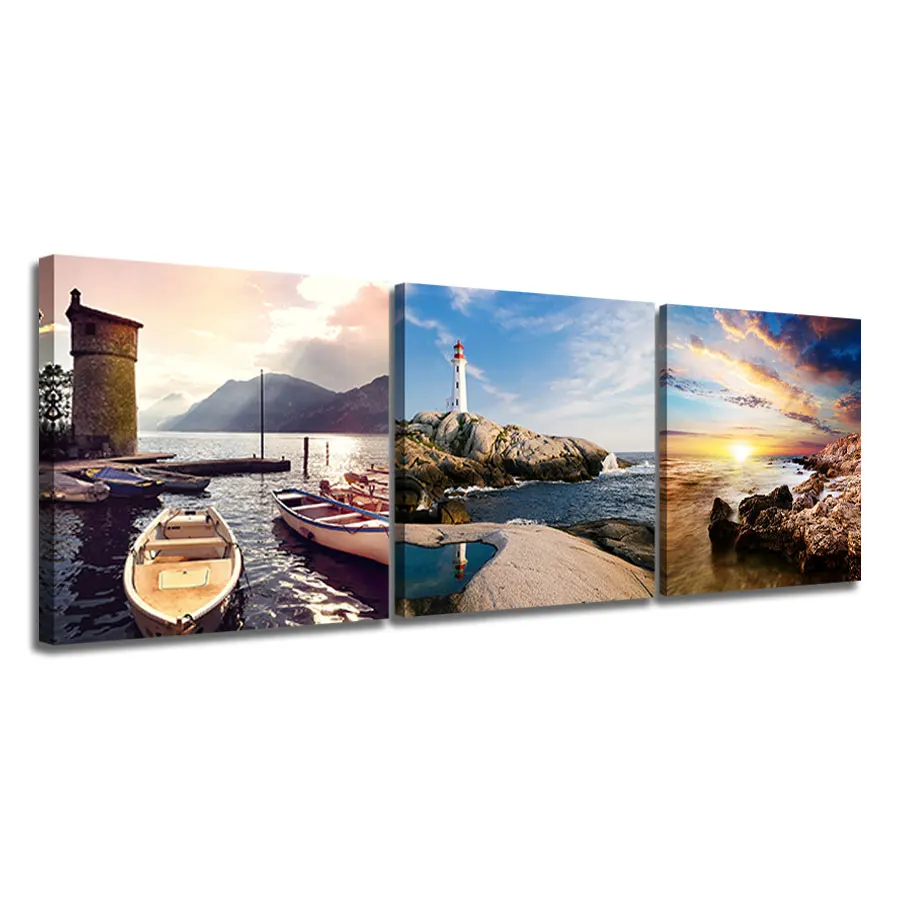 Original Art Beautiful Acrylic Canvas Wall Art Picture OEM&ODM Sunset Landscape with Sea & Lighthouse 3pcs for Living Room