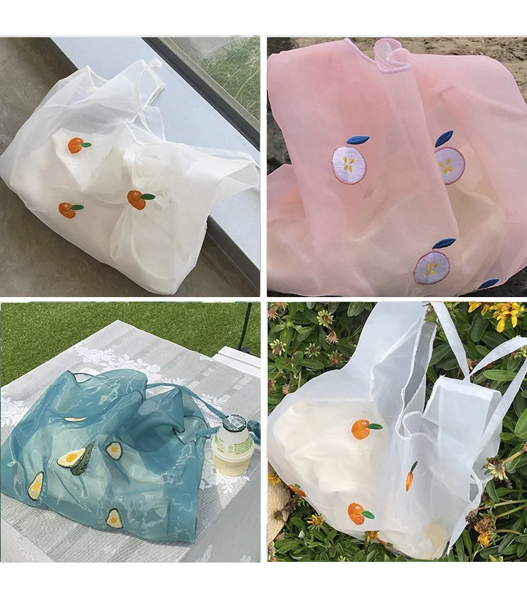 Fruit embroidery transparent organza cute ladies shopping handbag lightweight shoulder tote bags