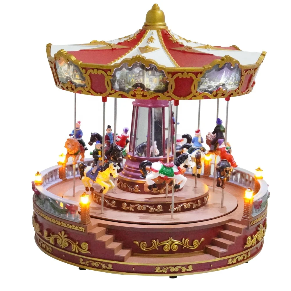 Best Selling Custom Christmas Decoration 14in noel Led lighted Rosies Carousel Revolving  with Music box