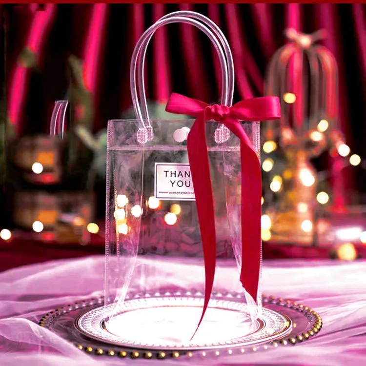 PVC Transparent Button Handbag Plastic Carry Bag Storage Gift Cloth Waterproof Shopping Bag