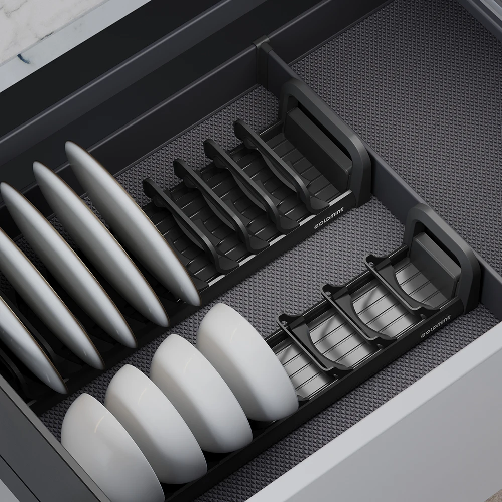 Goldmine JING HUA slide out cabinet organizers deep tableware pullout storage basket high end dishes cabinet pull out drawers