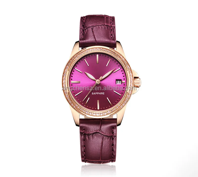 Strong luminous hands rose gold color pearl dial leather strap diamond  waterproof women quartz wrist watches