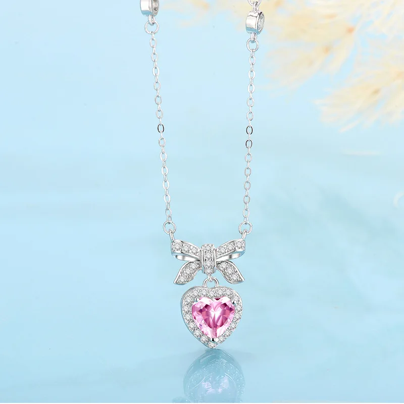 QIUHAN OEM New S925 Silver Pink Zircon Bow Tie Princess Knot Love Necklace