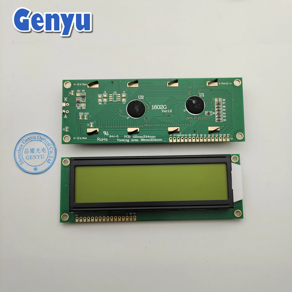 Genyu Big Size 16x2 lcd display module STN Yellow Green Positive lcd 1602 Character Displays with Backlight