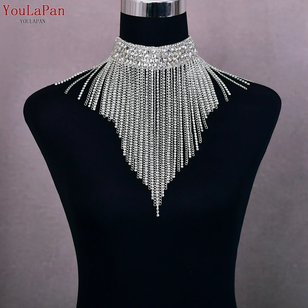 YouLaPan SG28  Boho Rhinestone Large Necklace Wedding Jewelry Accessories Banquet Party Fringe Chain Strap Bridal Necklace