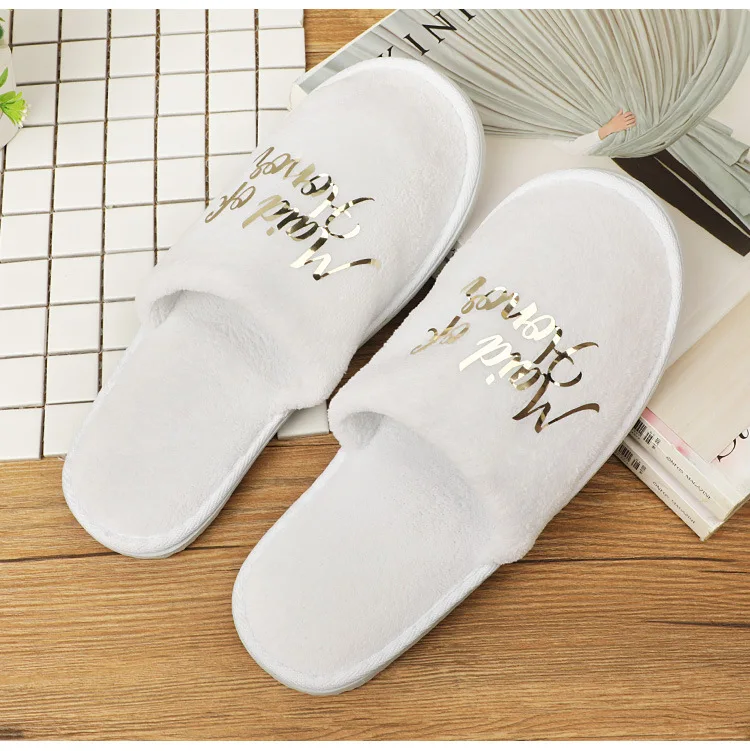 Custom Logo Wedding Disposable Luxury Coral Fleece Slippers For Hotel Guests Slipper Bridesmaids Slipper Wedding