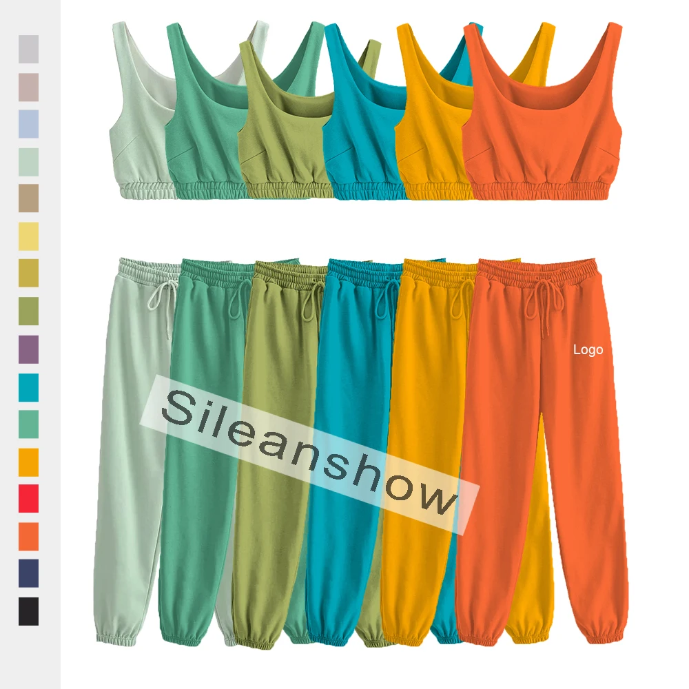 
2021 Spring The Newest Women Tank top &Jogger Customize Two piece Hoodie Set Color Block Clothing Autumn 